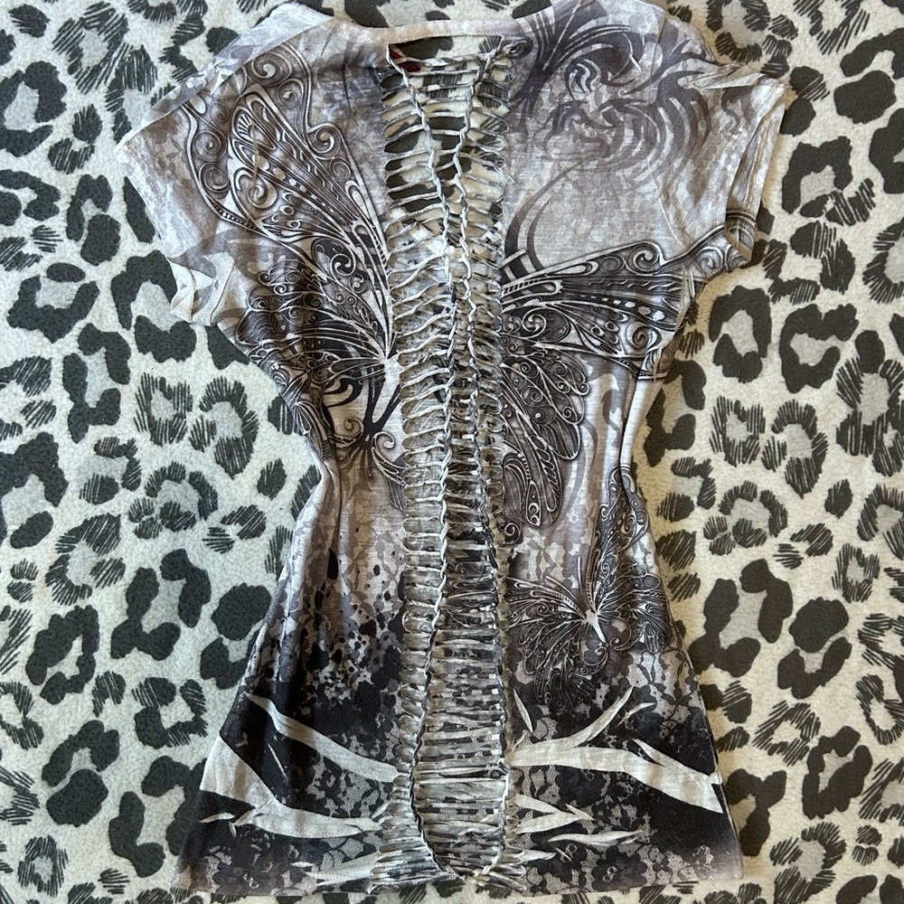Y2K grey butterfly woven fitted top